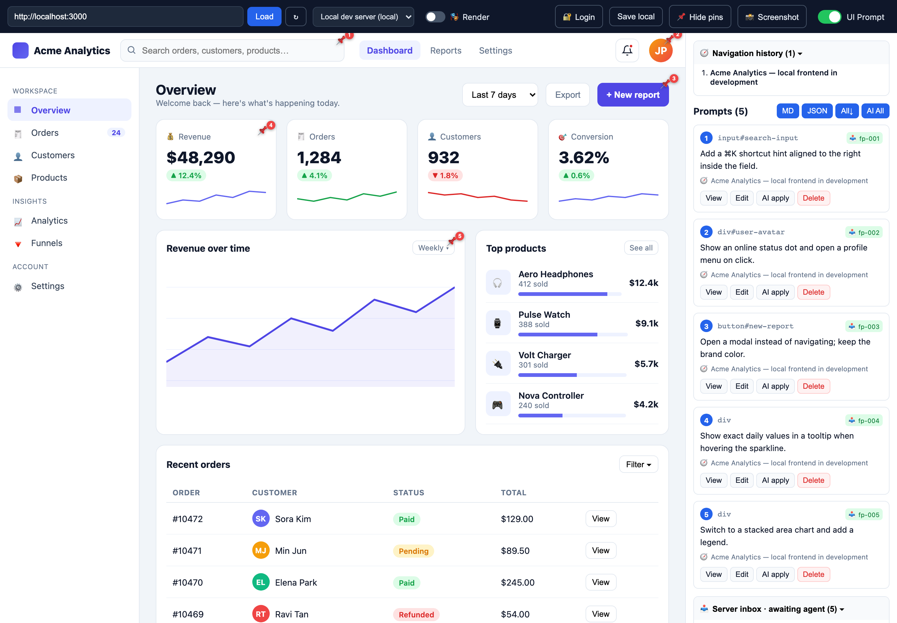 Multiple edit-prompt pins placed across a dashboard UI